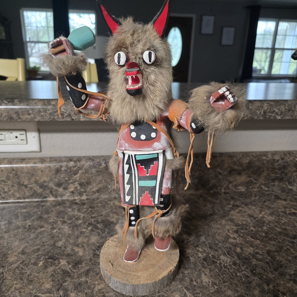Vintage Brown Wolf Kachina‎ Doll Signed Largo Hand Carved Painted Fur Figure 15"